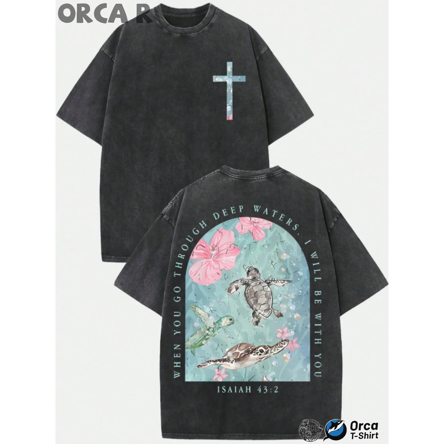 Men's Vintage Washed Pure Cotton Baggy T-Shirt - Oversized Streetwear Fashion Apparel, Good Vintage Graphic Tees with Sea Turtle & "I Will Be with You" Text Print, Men's Wear Loose Fit Casual Machine Washable Soft Daily Top, Oversized T Shirt, Clothing, T