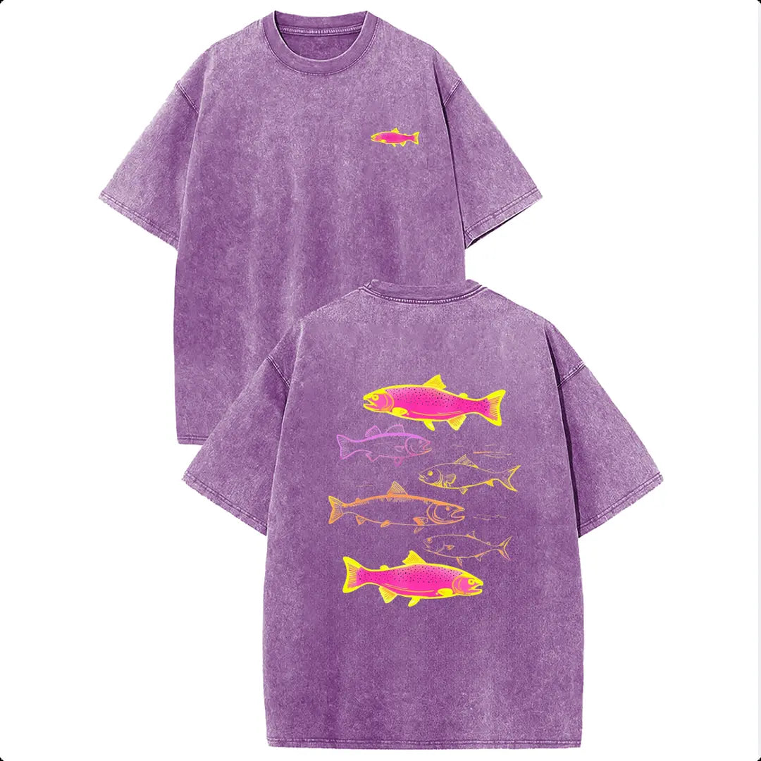 Holafish Heavyweight Cotton Crewneck Streetwear T‑Shirt, Retro Acid Wash Neon Trout Fish Dual Side Graphic Printed Unisex Fashion Tees summervibes Casual Top