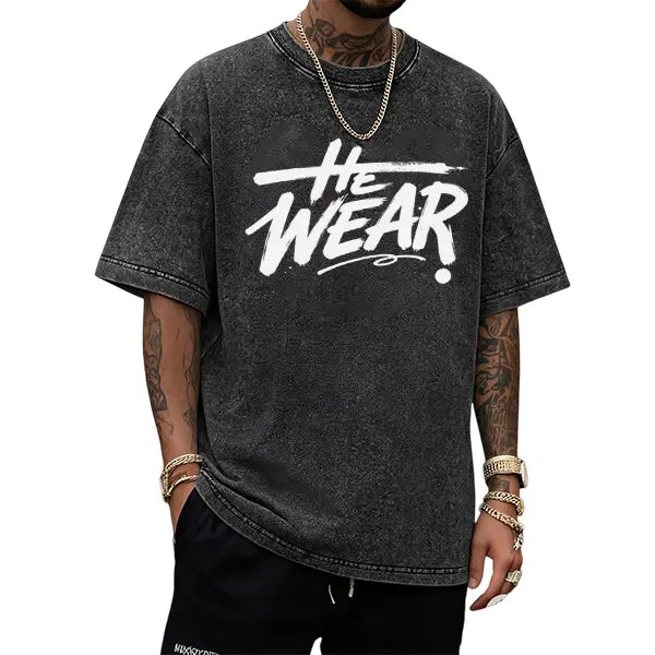 Men's Loose Fit Streetwear T-Shirt in Vintage Washed Cotton, Distressed Graffiti Print with Shortsleeve and Round Neck, Pure Cotton, Basic, Plain, Breathable Fabric