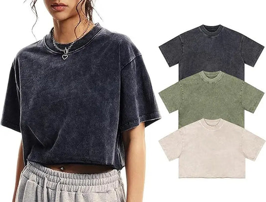 MaLinfandor 3 Pack Cropped  Women's  Vintage T Shirts Casual Cropped Tees Short Sleeve Cotton Acid Wash Tops Summer Grunge Shirts,back to school,back to school shopping