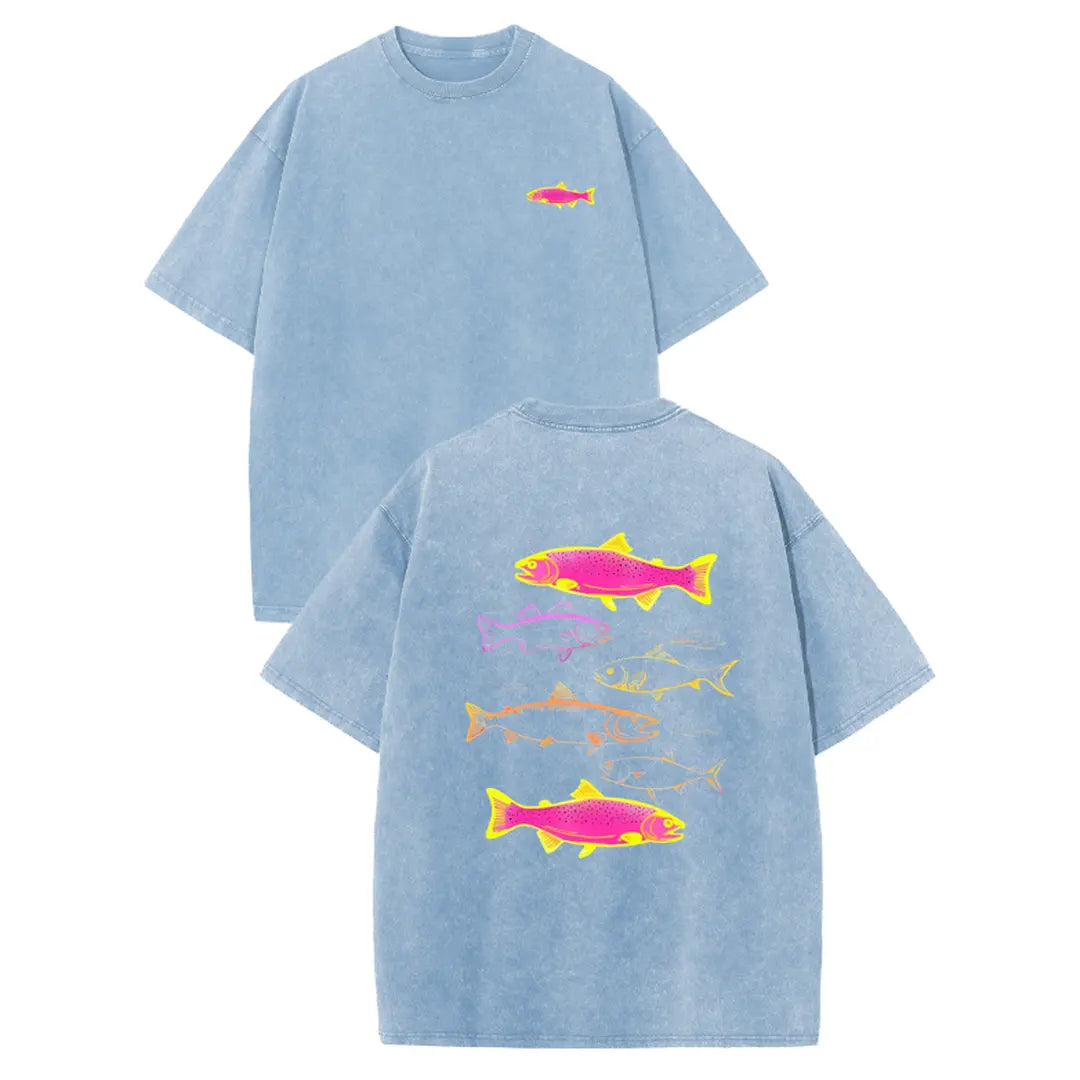 Holafish Heavyweight Cotton Crewneck Streetwear T‑Shirt, Retro Acid Wash Neon Trout Fish Dual Side Graphic Printed Unisex Fashion Tees summervibes Casual Top