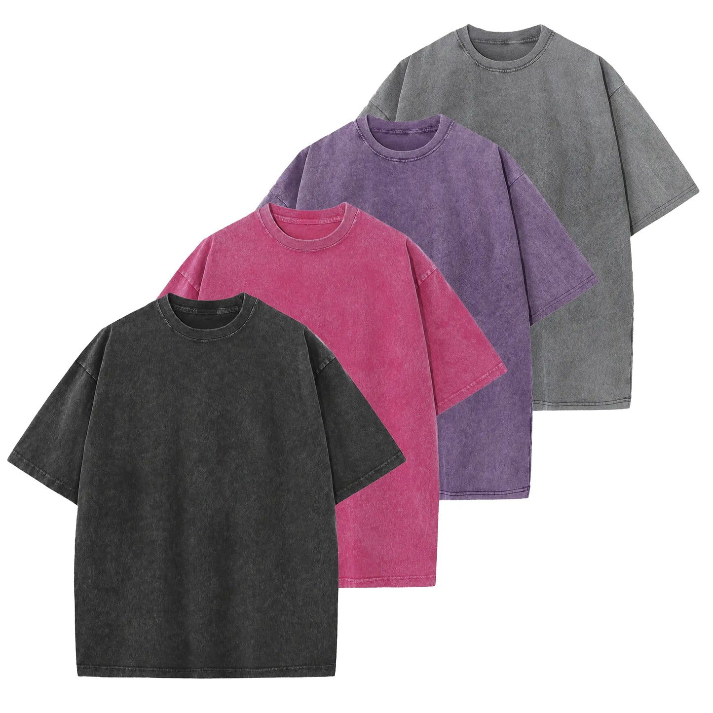 Men's 4-Pack Oversized 240g Pure Cotton Short-Sleeve T-Shirts - Unisex Baggy Plain Foldable Clothes, Acid Wash Loose-Fit Retro Streetwear, Soft Breathable Heavyweight Tops for Everyday Wear, Gym, Shortsleeve, All Seasons