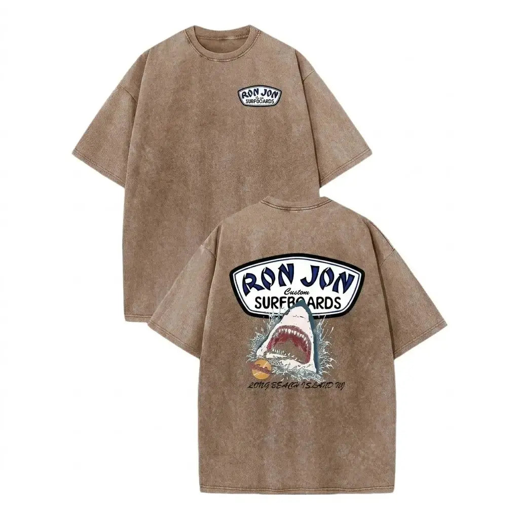 Unisex Ron Jon Surfboards Shark Graphic T Shirt Vintage Washed Heavyweight Cotton Oversized Tee Long Beach Island NJ Great White Retro Surf Beach Aesthetic Grey Acid Wash Mineral Men Women Unisex Skater Coastal Grunge Trendy Summer Outfits Gifts TikTok Ap