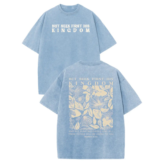 Holafish Vintage "Seek First His Kingdom" Lemon Washed T-Shirt, Retro Matthew 6:33 Floral Christian Graphic Tee, Casual Loose Short Sleeve Top 2026 New Color Scheme summervibes
