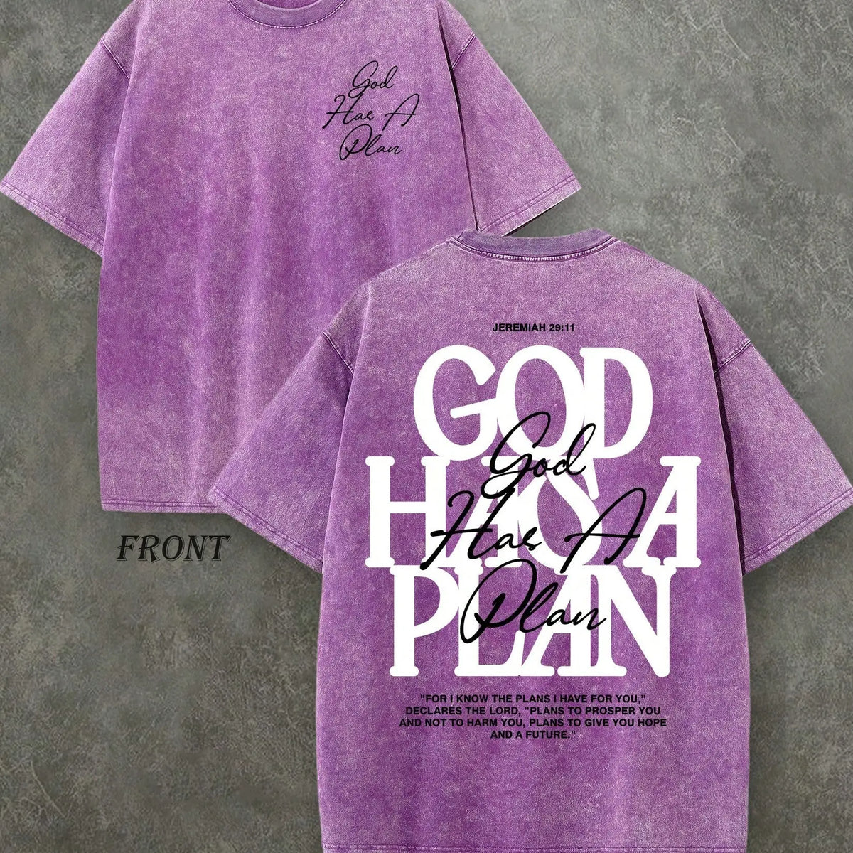 "God Has a Plan" Double-Sided Print Vintage Tee | 230gsm Heavyweight Washed Cotton Christian Streetwear, Unisex Wide-Shoulder Fit, High-Quality Casual Top for Men & Women
