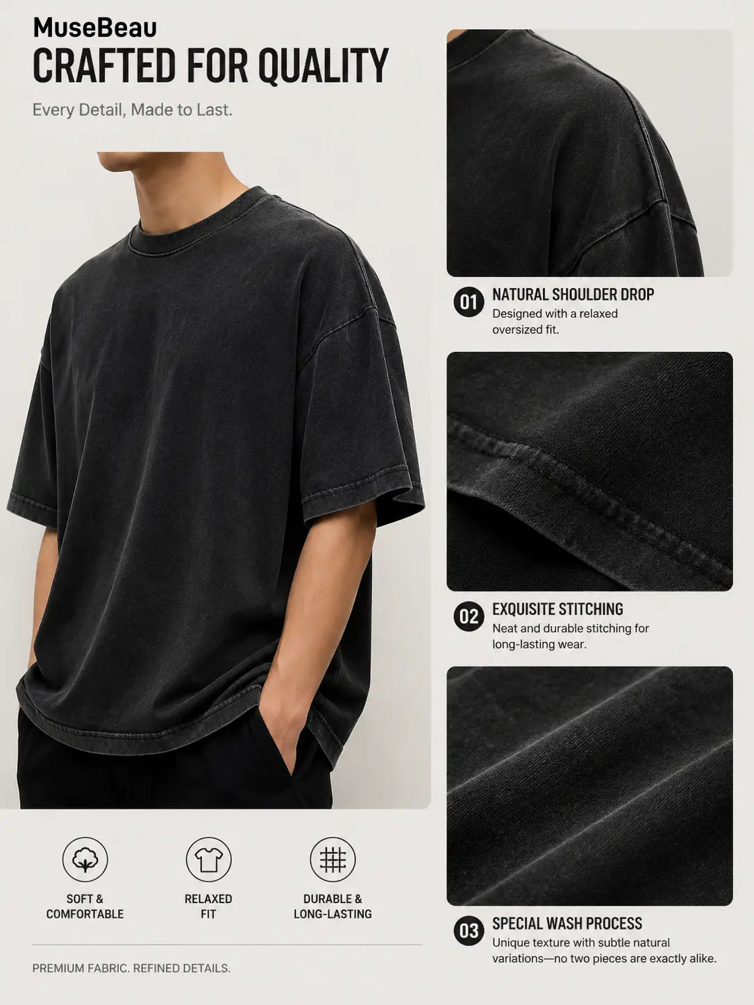 Men's 4-Pack Oversized 240g Pure Cotton Short-Sleeve T-Shirts - Unisex Baggy Plain Foldable Clothes, Acid Wash Loose-Fit Retro Streetwear, Soft Breathable Heavyweight Tops for Everyday Wear, Gym, Shortsleeve, All Seasons