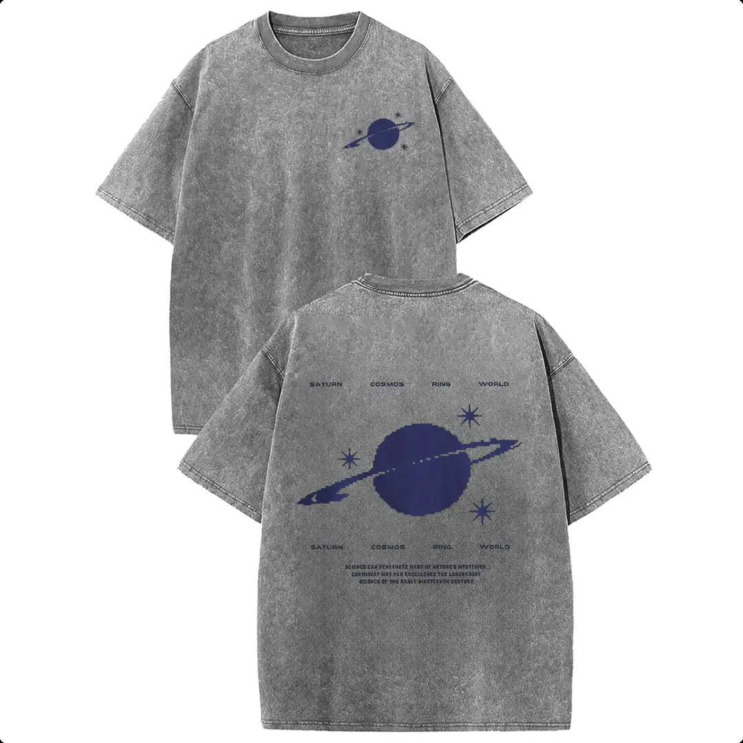 Holafish 100% Cotton Saturn Cosmos Womens Acid Washed T‑Shirt Retro Dual‑Side Graphic Printed Unisex Fashion Tees Summervibes Casual Top 2026