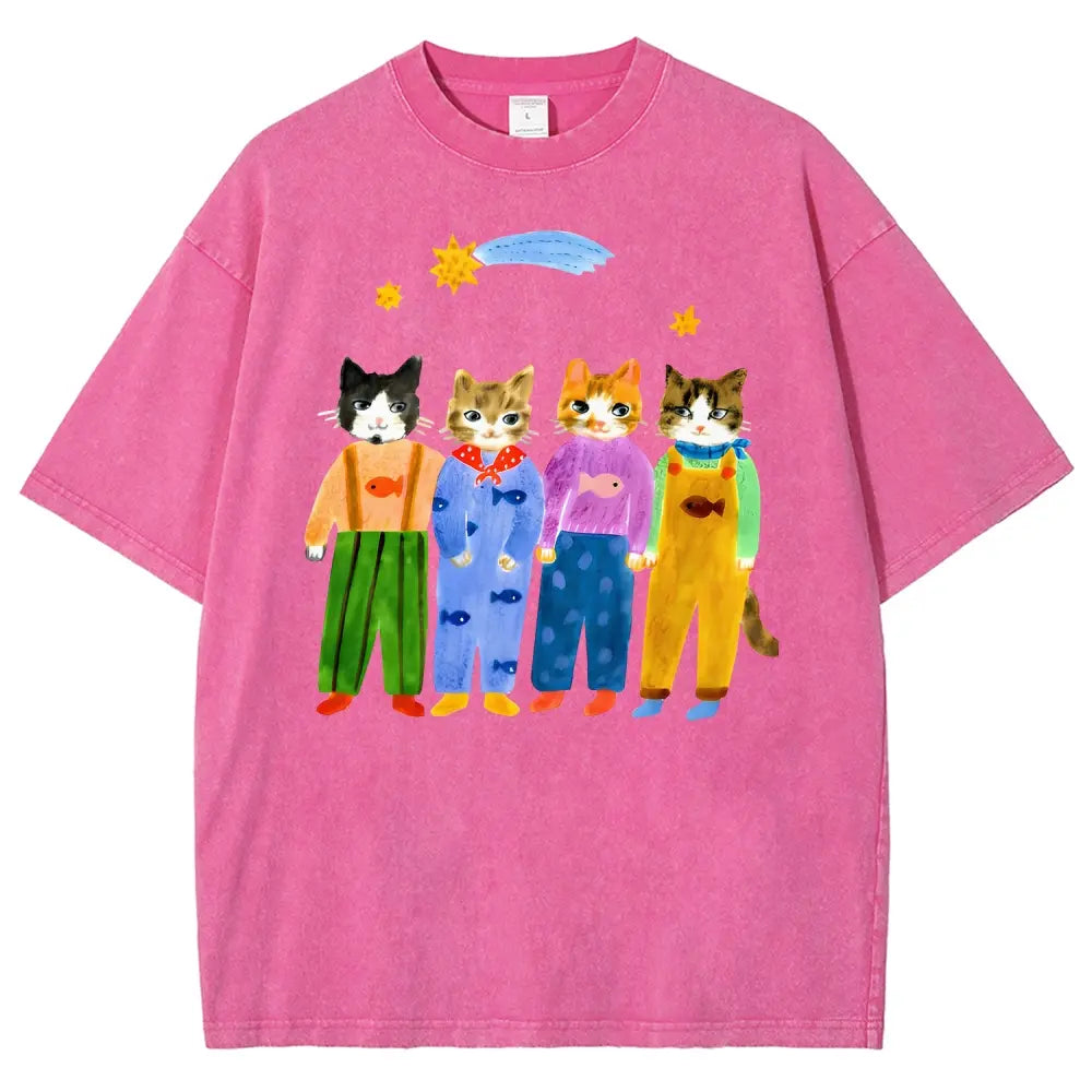 Retro Hand Painted Funny Cats In Overalls Graphic Vintage Tee 90s Graphic Tees Men's t Shirts Graphic Tee t Shirts Funny Graphic Tee Good Graphic Tees Men's Graphic Tees Streetwear Outfits Men Vacation Outfits Oversized Tshirt Men