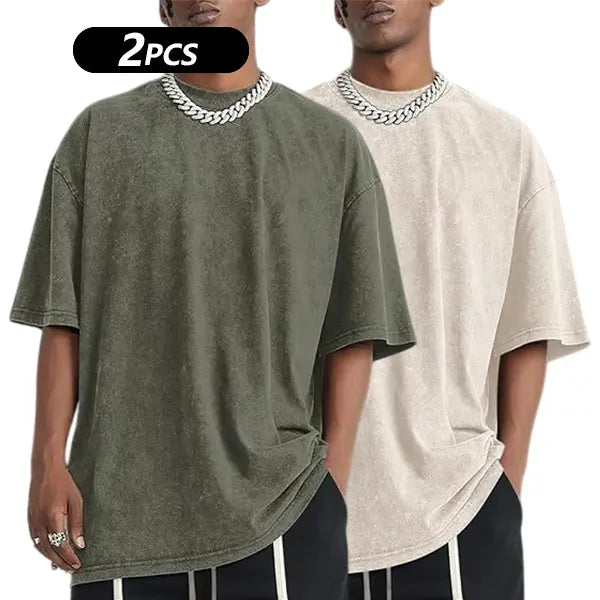 Men's cotton T-shirt solid color retro streetwear basic style - fabric skin friendly, comfortable, breathable short sleeved top, daily loose and versatile