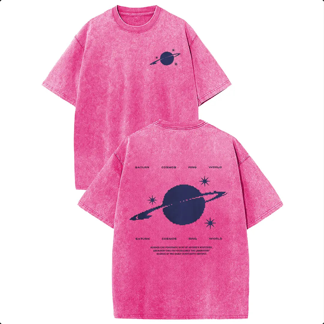 Holafish 100% Cotton Saturn Cosmos Womens Acid Washed T‑Shirt Retro Dual‑Side Graphic Printed Unisex Fashion Tees Summervibes Casual Top 2026