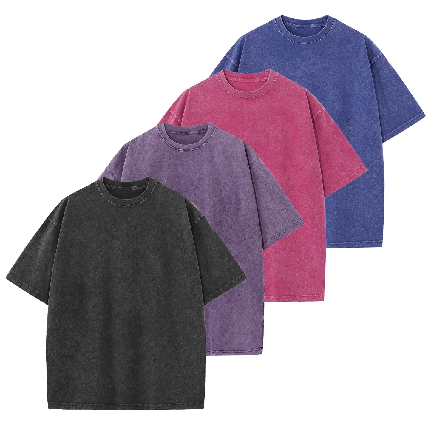 Men's 4-Pack Oversized 240g Pure Cotton Short-Sleeve T-Shirts - Unisex Baggy Plain Foldable Clothes, Acid Wash Loose-Fit Retro Streetwear, Soft Breathable Heavyweight Tops for Everyday Wear, Gym, Shortsleeve, All Seasons